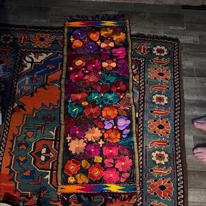 Hand Embroidered Mexican Floral Table Runner: Chiapas Decor 59Lx17W